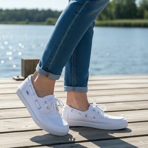 US Sports Womens White Canvas Boat Shoes Nautical Lace Up Loafers Floral Insole